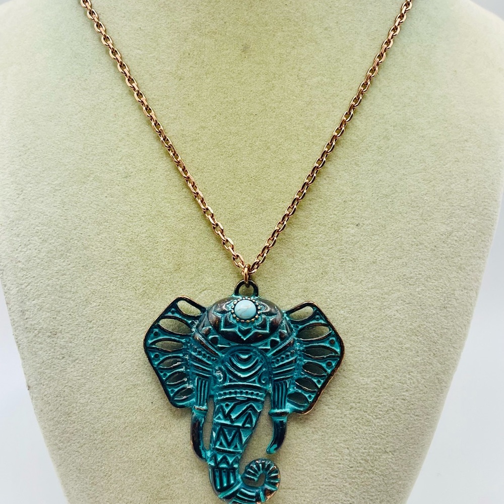 Patina Elephant Pendant w/Long Necklace. Turquoise & Gold. 24 inches